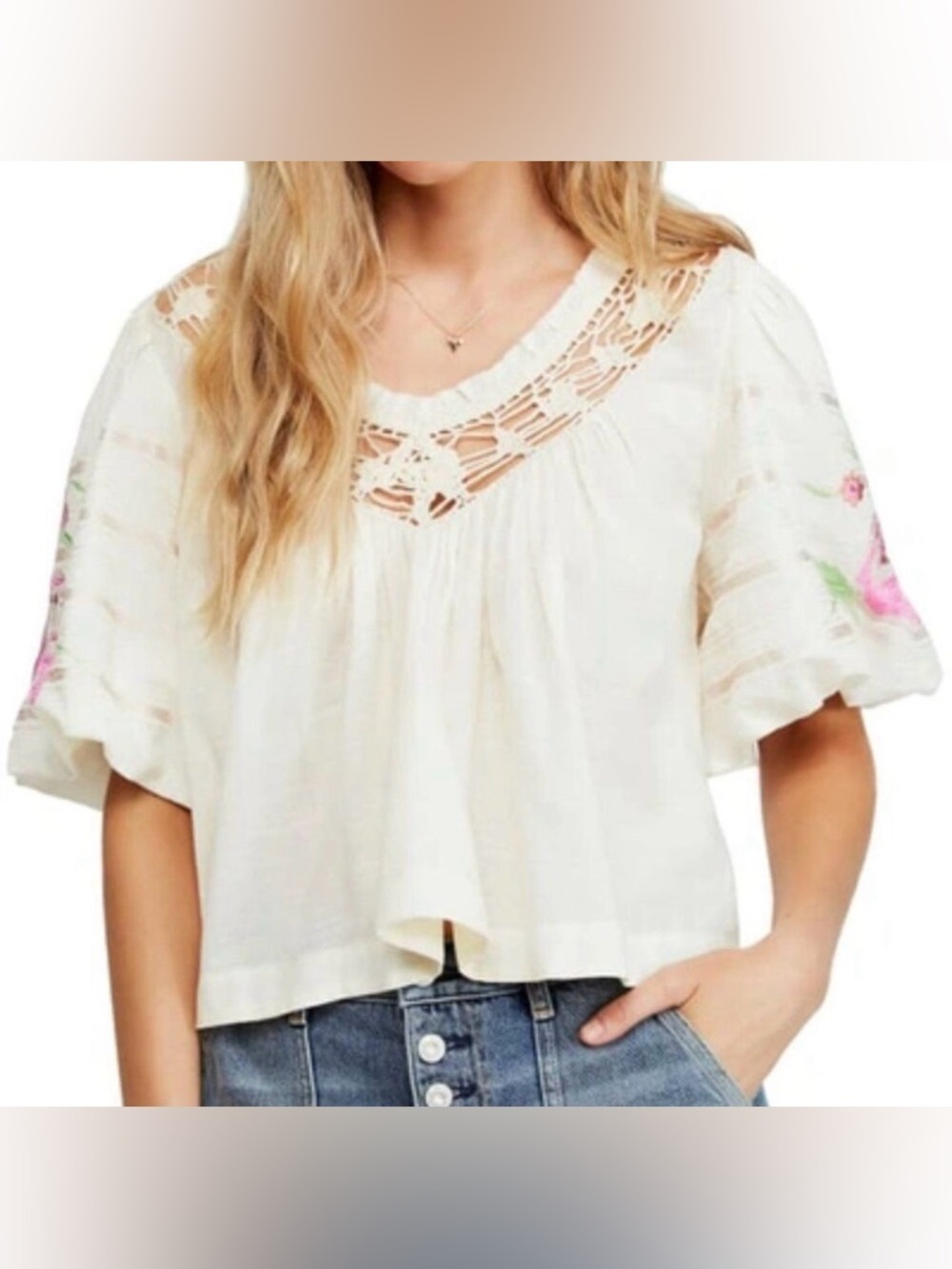 Free People Ivory Cotton Crochet Lace Floral Embroidered Blouse Top Small S